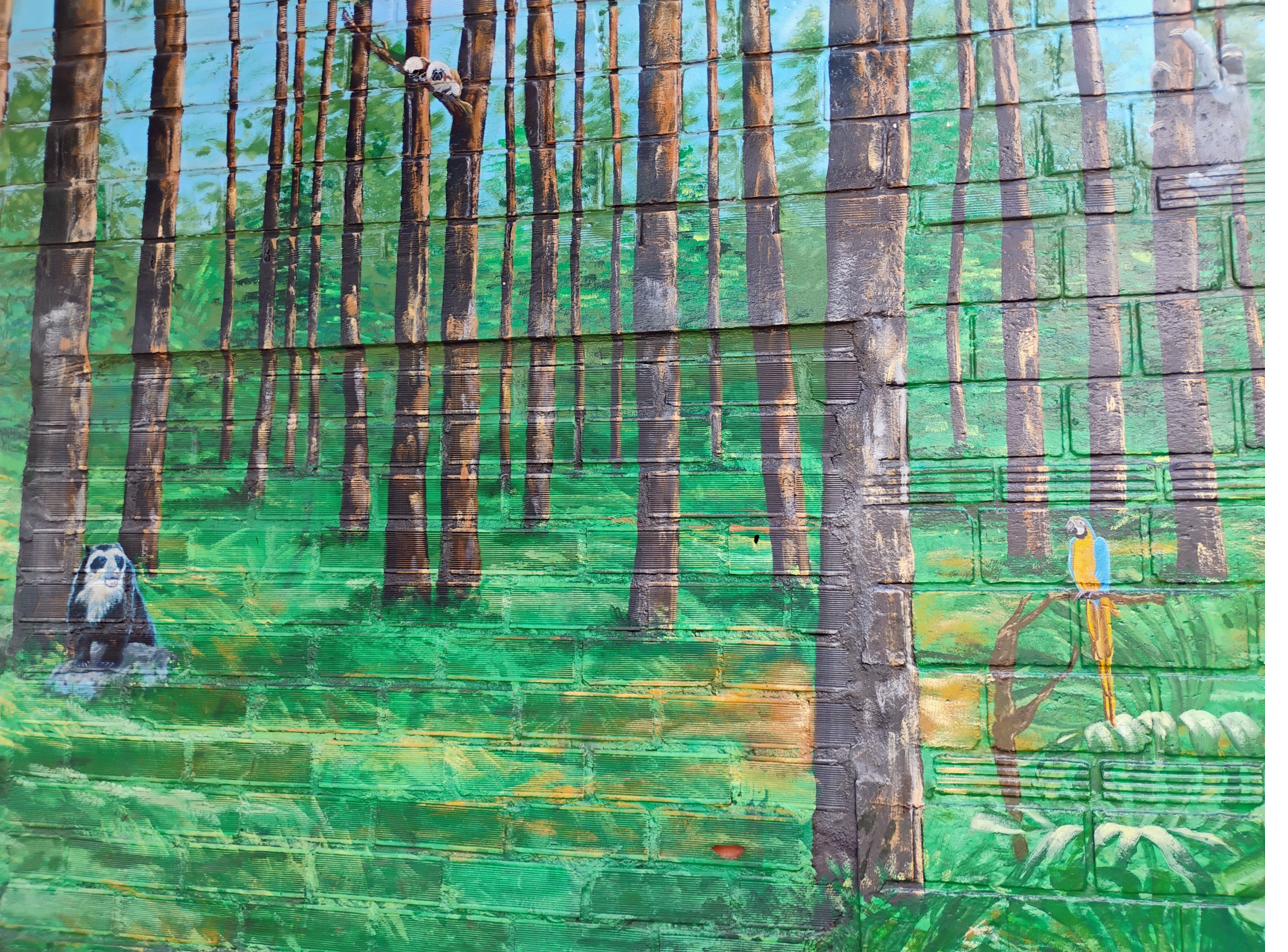 Spectacled bear, monkeys, and macaw in forest