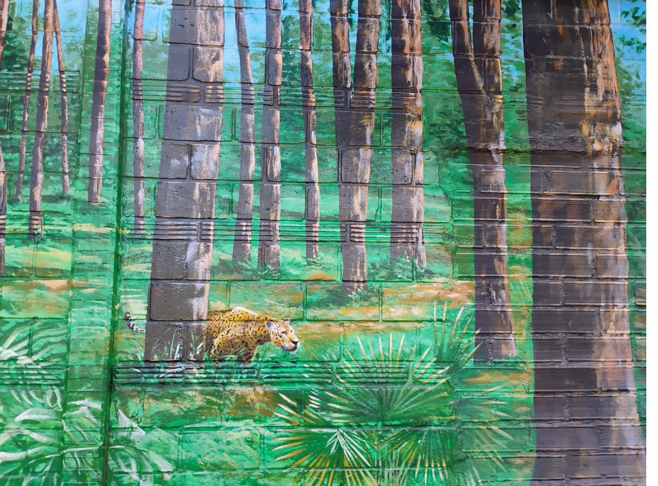 Jaguar stalking through bamboo forest