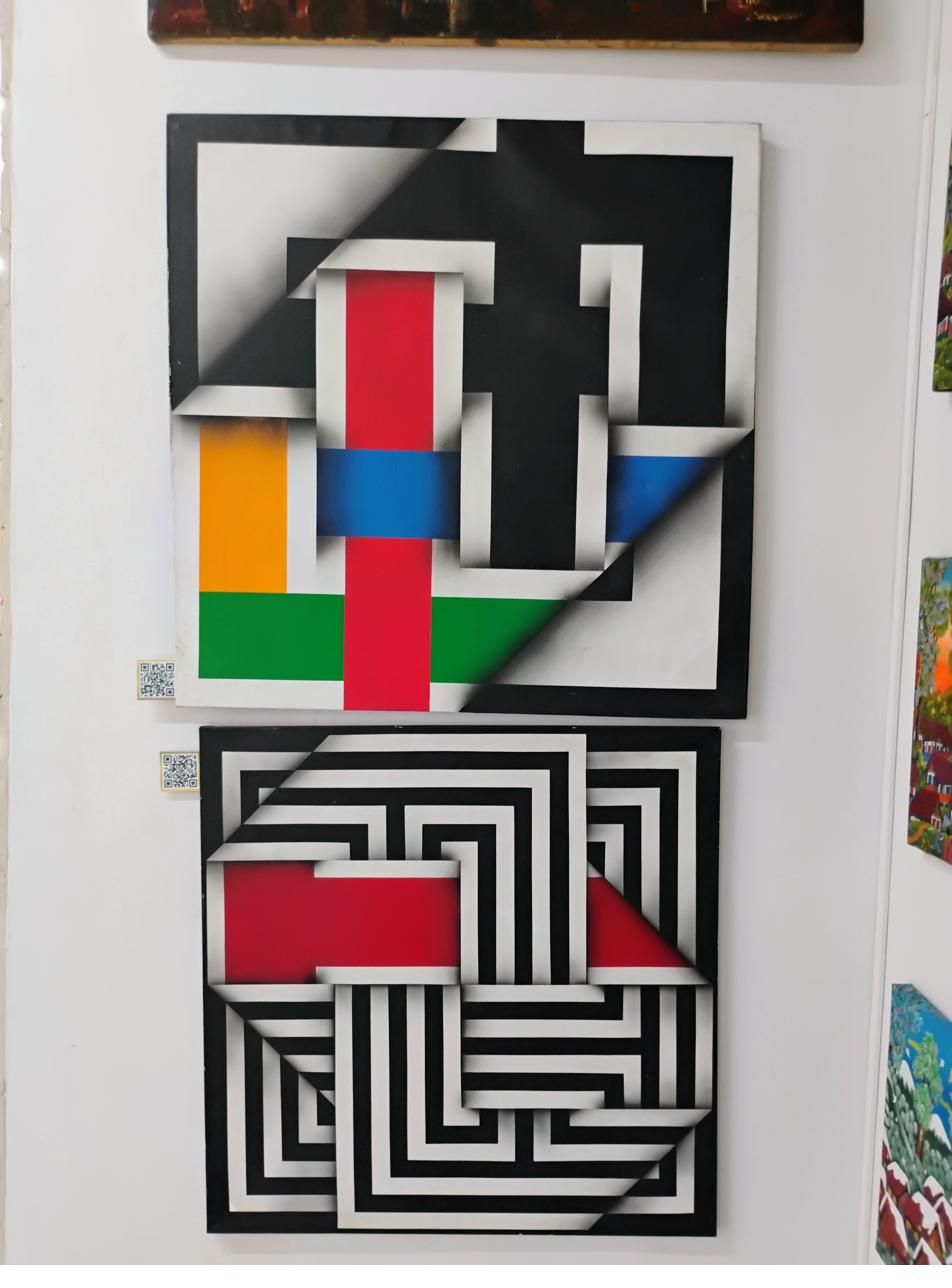 Geometric op-art — black/white mazes and primary colors